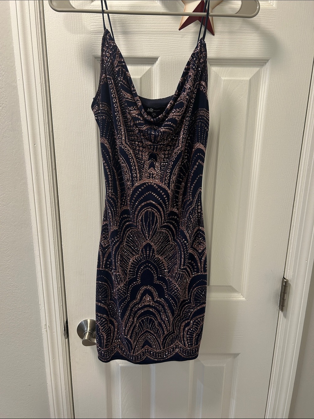 Jump Navy Mini Dress with Rose Gold Sequin Art Deco Pattern